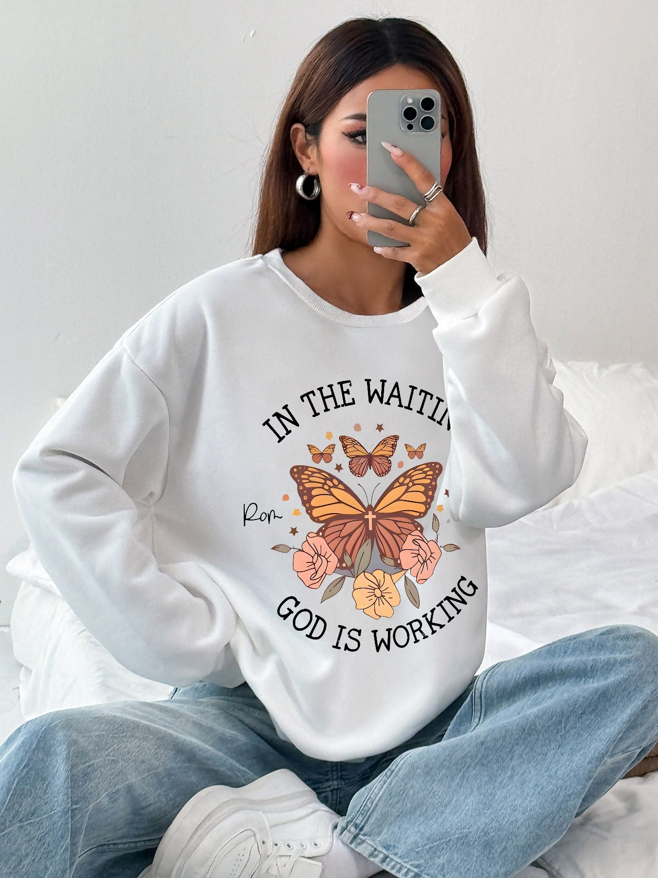 Women Flowers and Butterfly Print Casual Sweatshirt Crew Neck Pullover