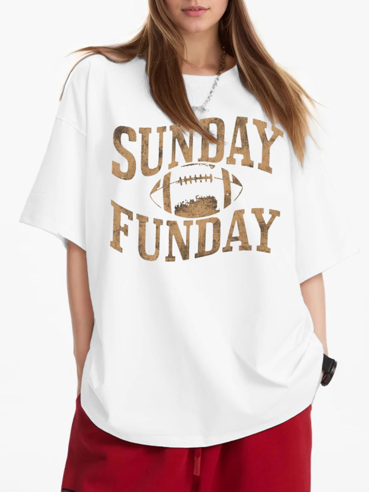 Women SUNDAY FUNDAY Rugby Print Casual T-Shirt