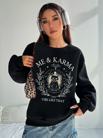 Women Me & Karma Cat Printed Polyester Casual Pullover