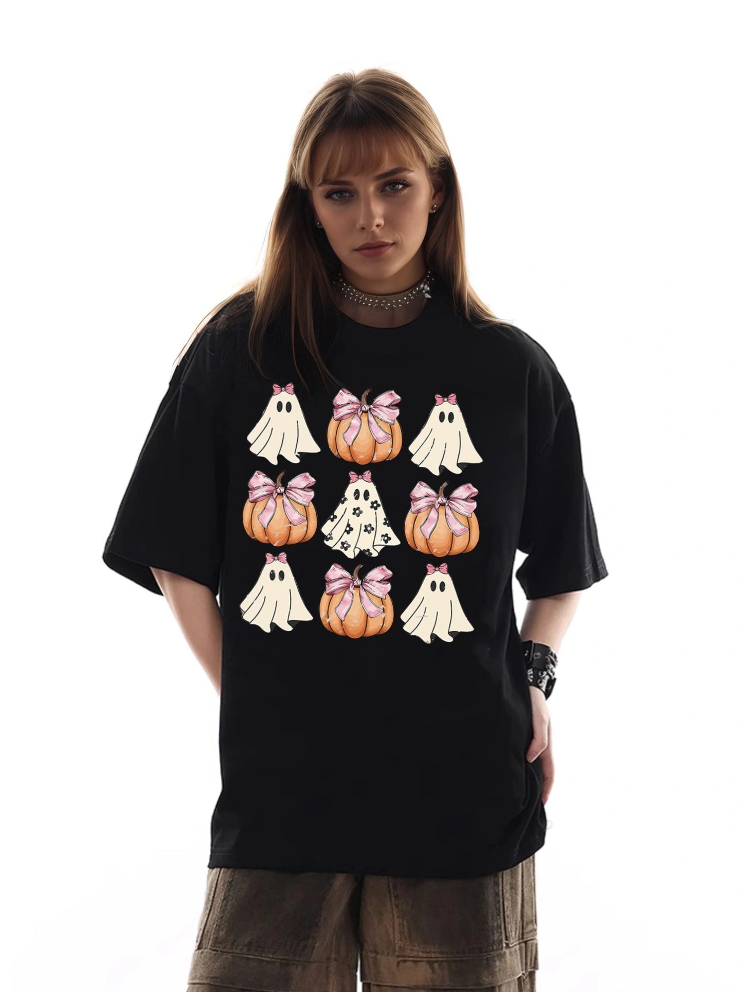 Women Cute Ghost and Pumpkin Print Casual T-Shirt