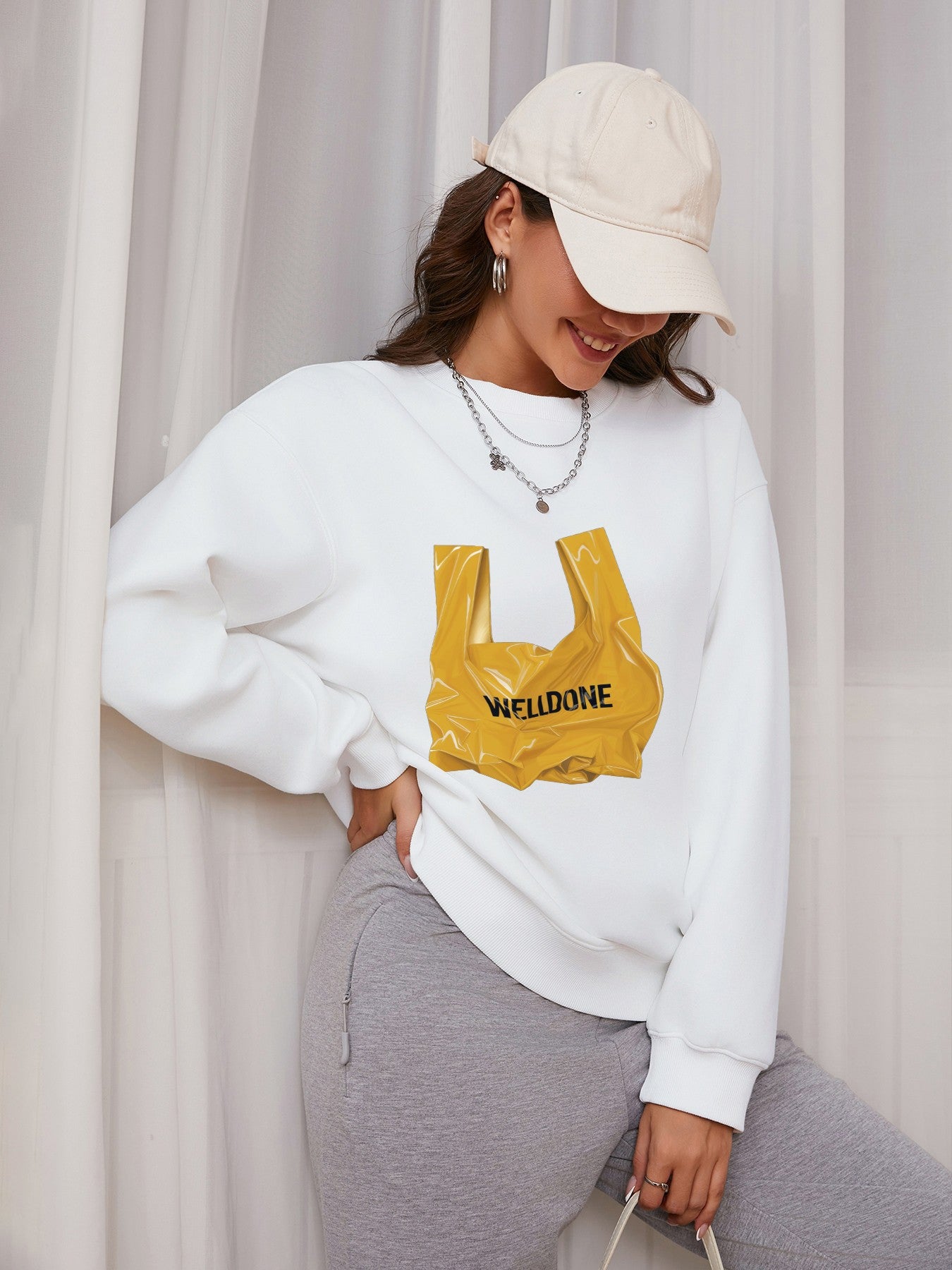 Women Yellow Garbage Bag & Welldone Print Casual Sweatshirt