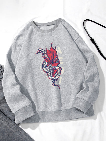 Women Snake Totem Printed Crew Neck Pullover