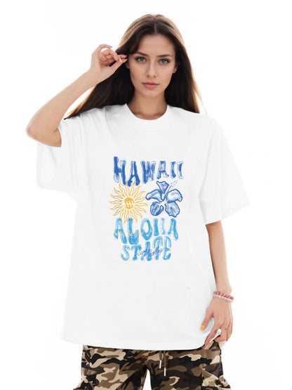 Women HAWAII ALOHA STATE Letter and Flower Print Casual T-Shirt