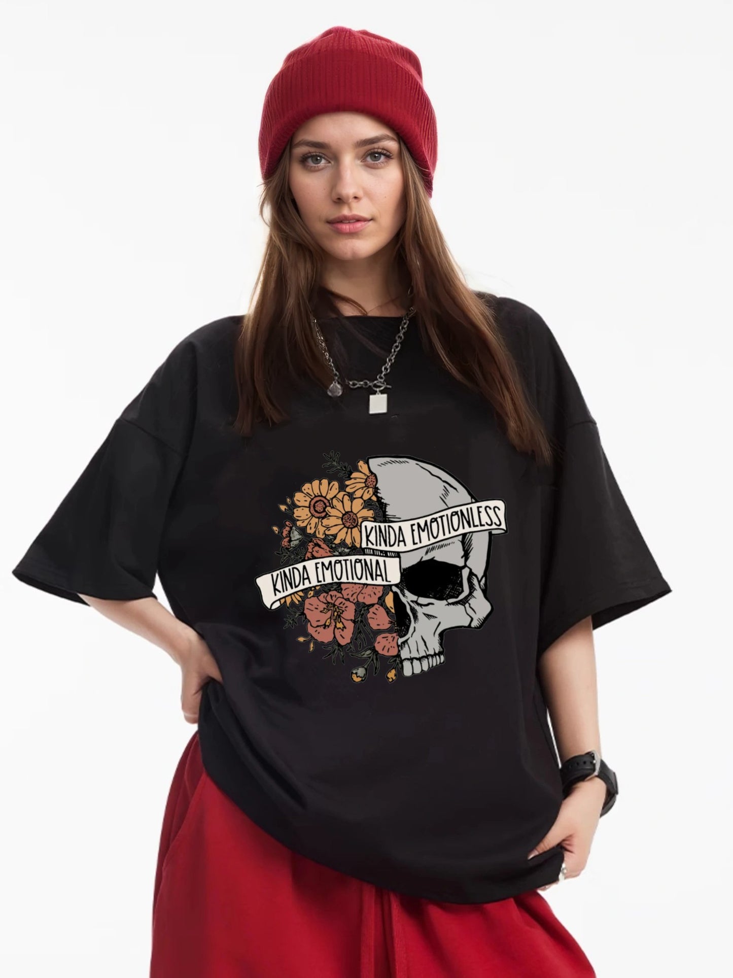 Women Half Skull Half Flower Printed Casual Short Sleeve T-Shirt