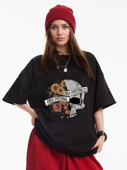 Women Half Skull Half Flower Printed Casual Short Sleeve T-Shirt