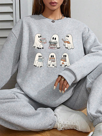 Women Cute Ghost Reading Print Casual Sweatshirt