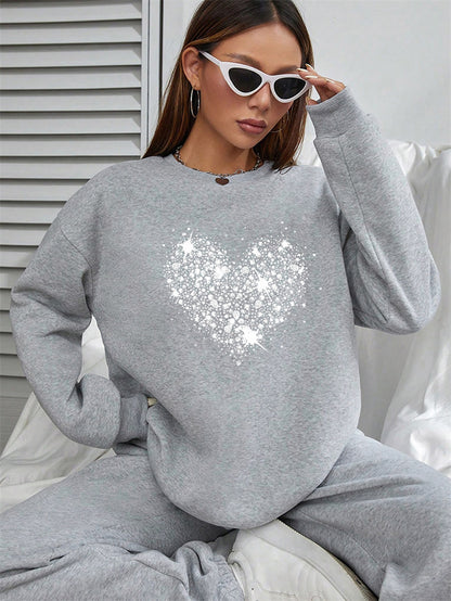 Women Shinning Heart Printed Oversized Sweatshirts Casual Pullovers