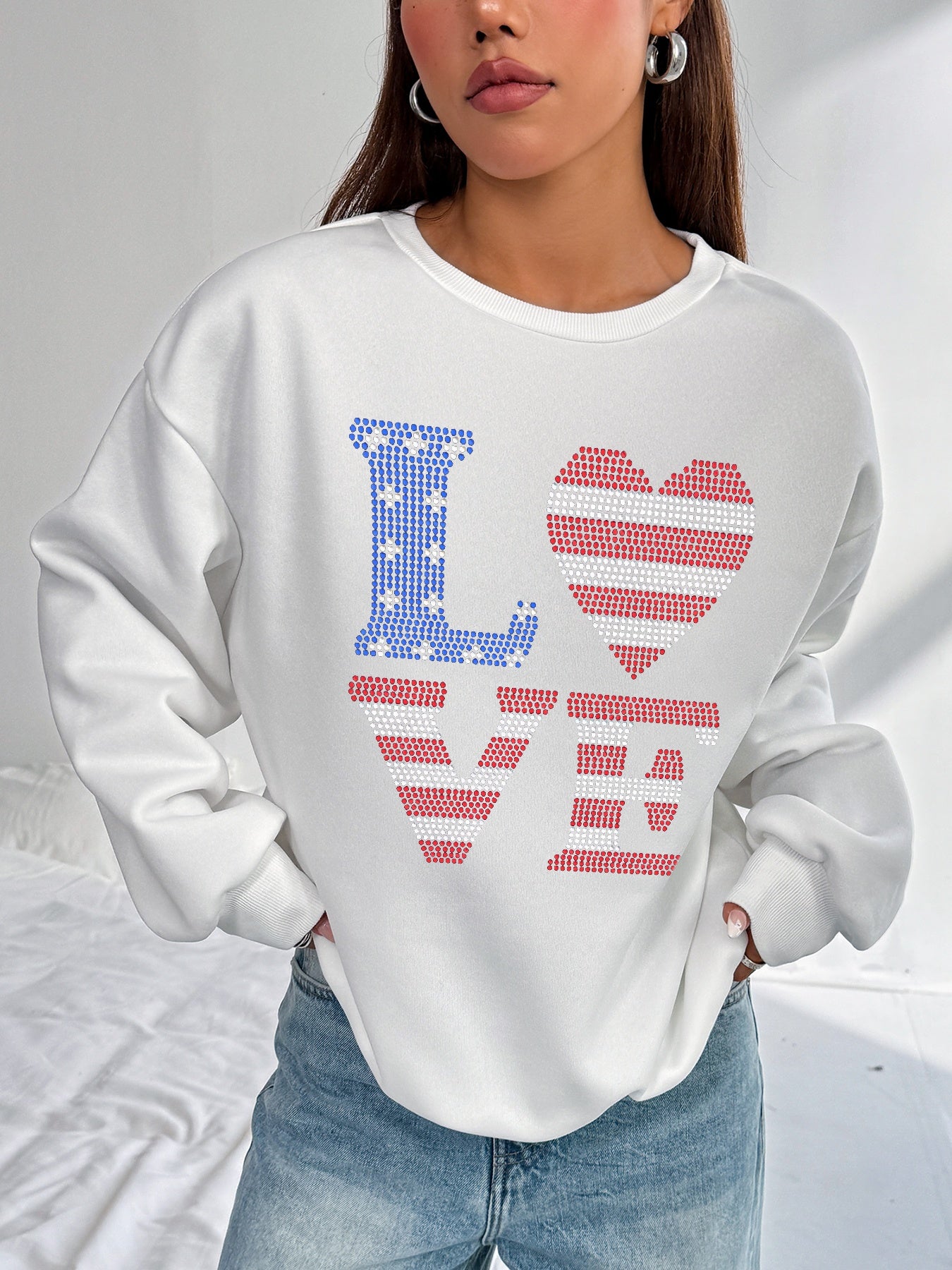 Women Love Letters American Flag Printed Casual Sweatshirt