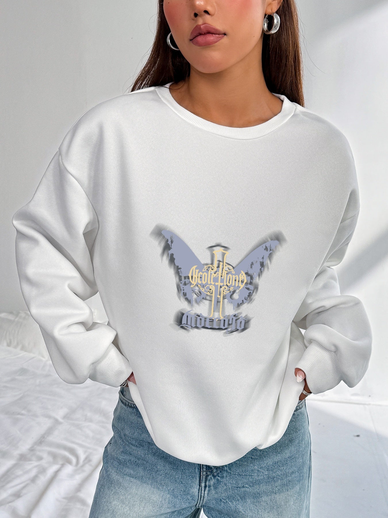 Women Butterfly Printed Oversized Sweatshirts Casual Pullovers