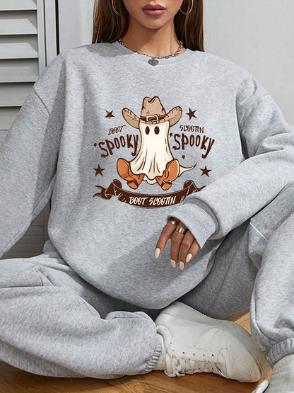 Women Cowboy Spooky Print Casual Sweatshirt