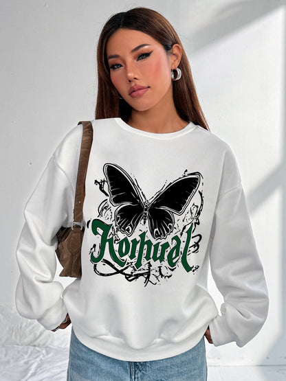 Women Butterfly Crew Neck Long Sleeve Polyester Pullover