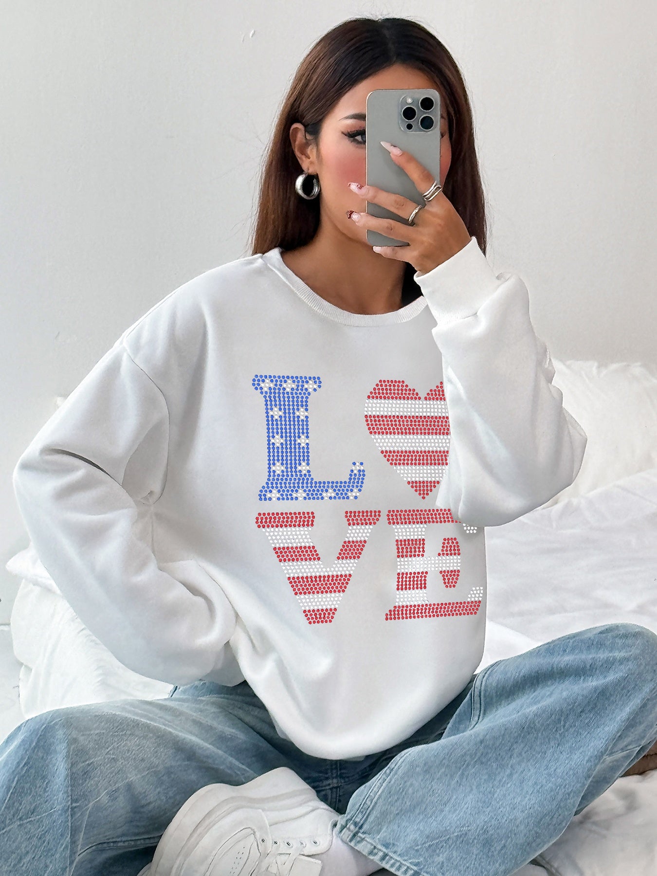 Women Love Letters American Flag Printed Casual Sweatshirt