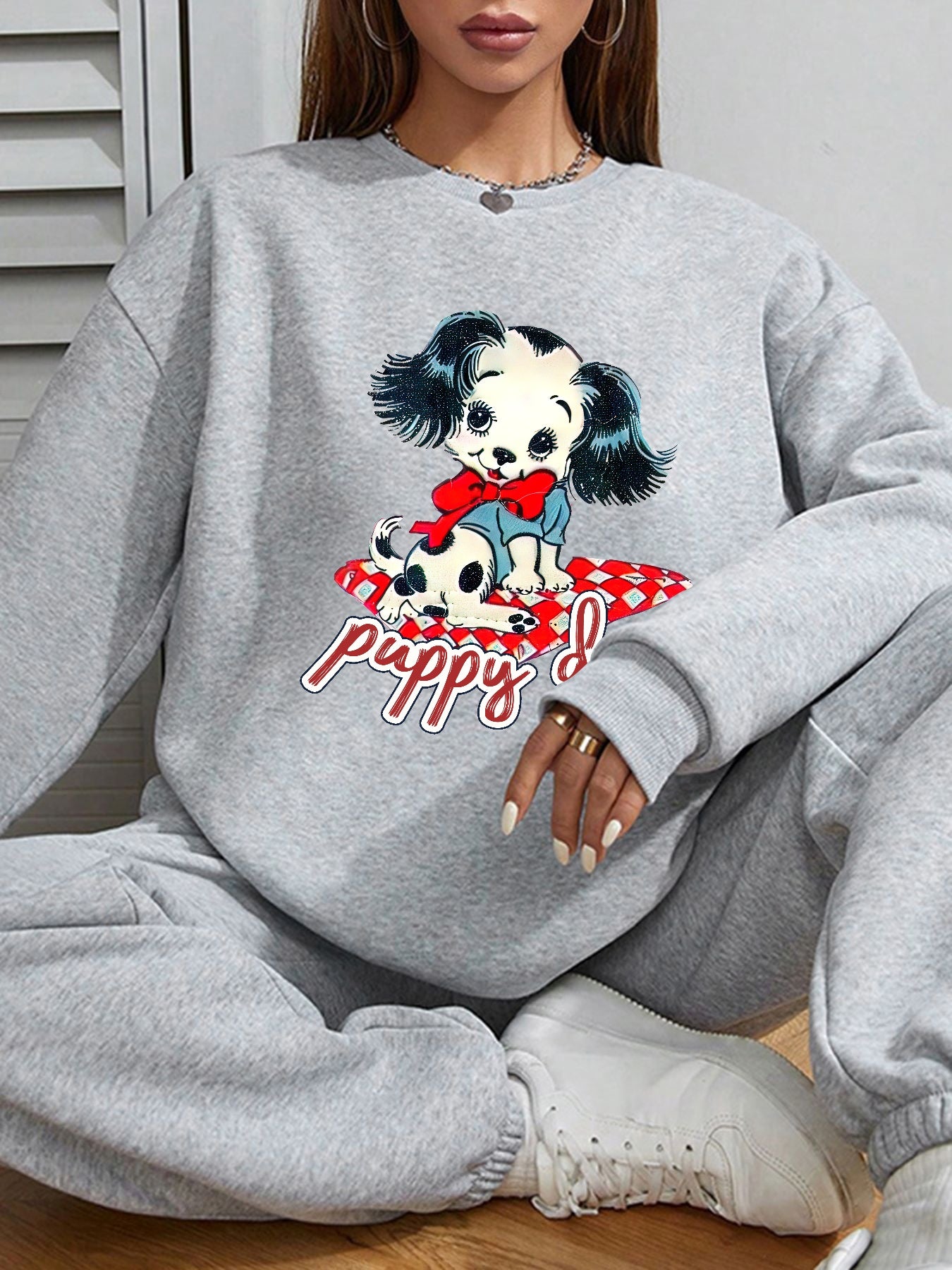 Women Cute Spotted Puppy Print Casual Sweatshirt