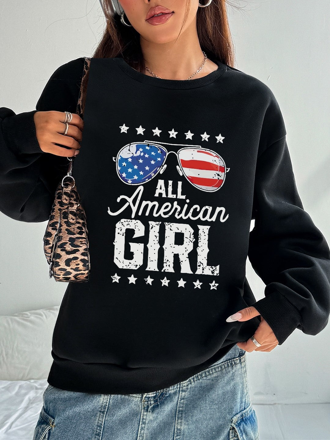 Women All American Girl and American Flag Sunglasses Print Casual Sweatshirt