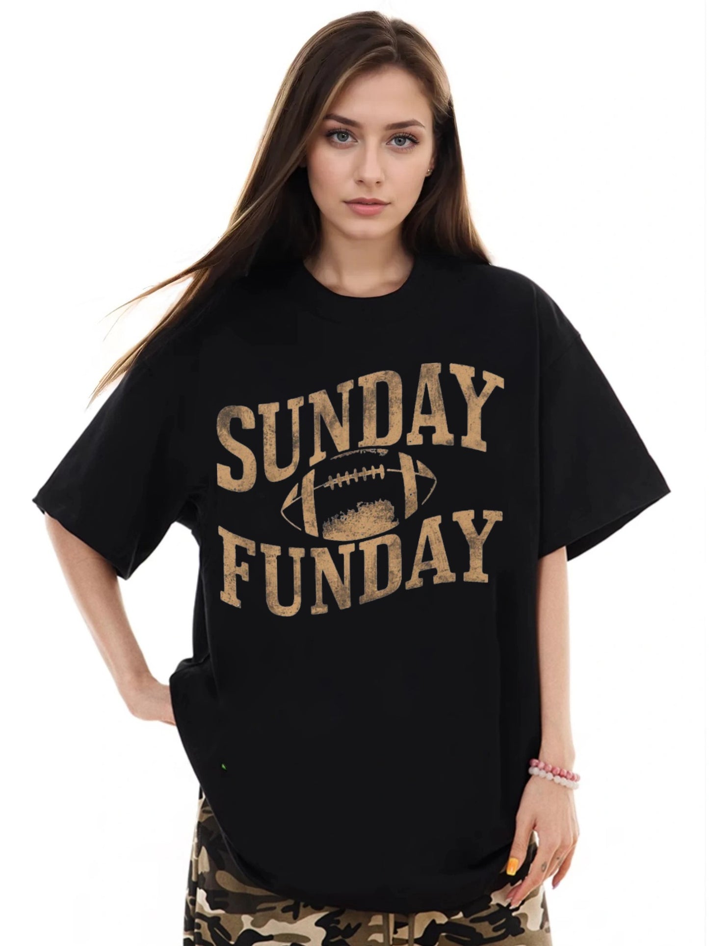 Women SUNDAY FUNDAY Rugby Print Casual T-Shirt