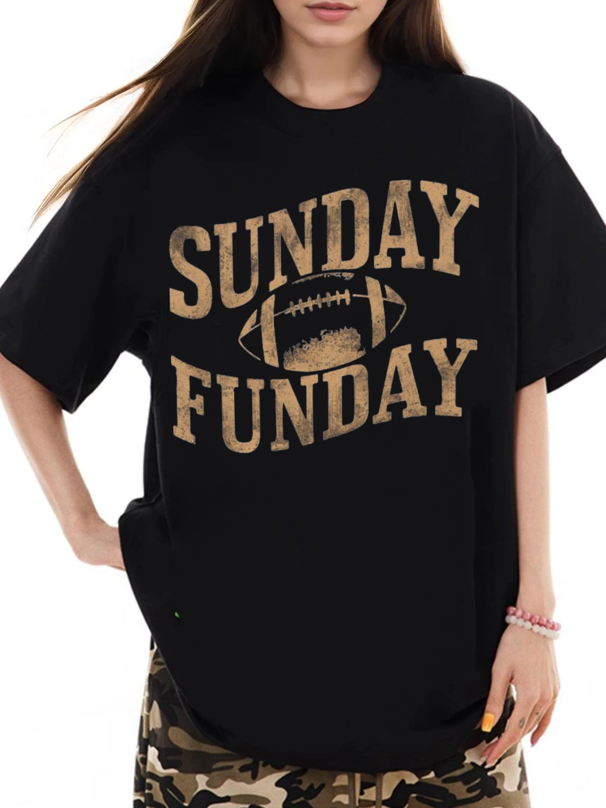 Women SUNDAY FUNDAY Rugby Print Casual T-Shirt