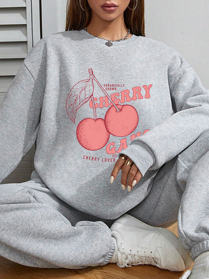 Women Round Cherry Print Casual Sweatshirt