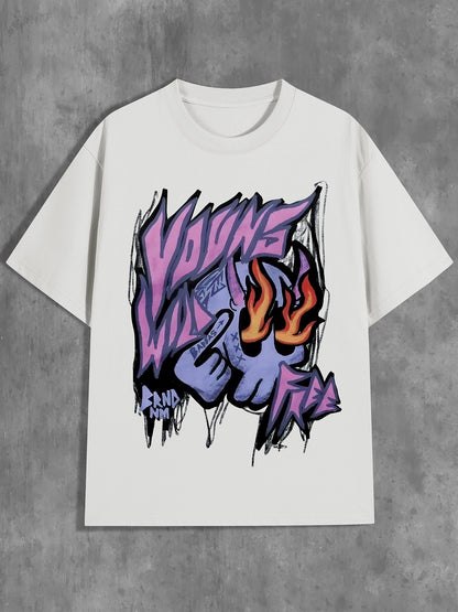 Women's Graffiti Style Eyes Fire Spraying Purple Skull Print Loose Casual Short Sleeve T-Shirt