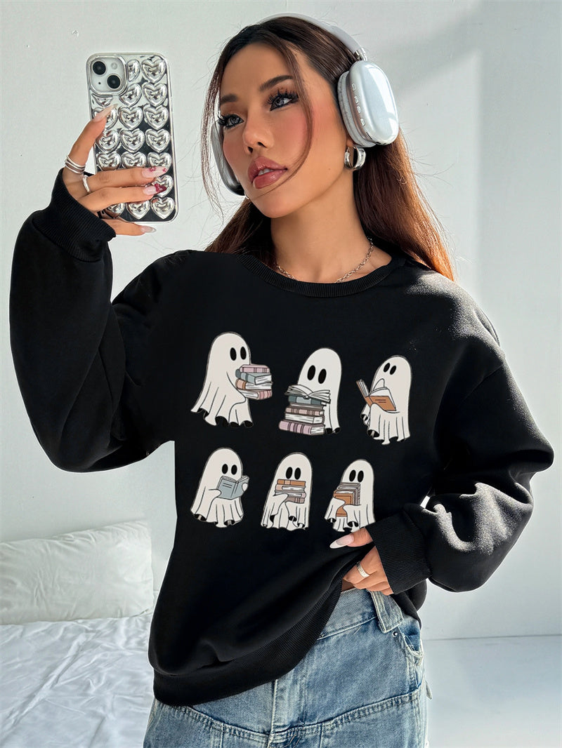 Women Cute Ghost Reading Print Casual Sweatshirt