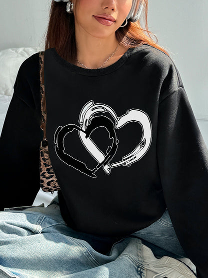 Women Heart Printed Long Sleeve Casual Pullover