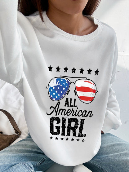 Women All American Girl and American Flag Sunglasses Print Casual Sweatshirt