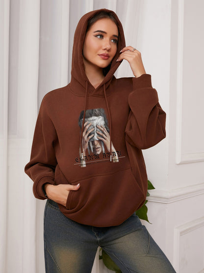 Women Face-Covering Portrait Print Casual Hooded Sweatshirt Hoodie