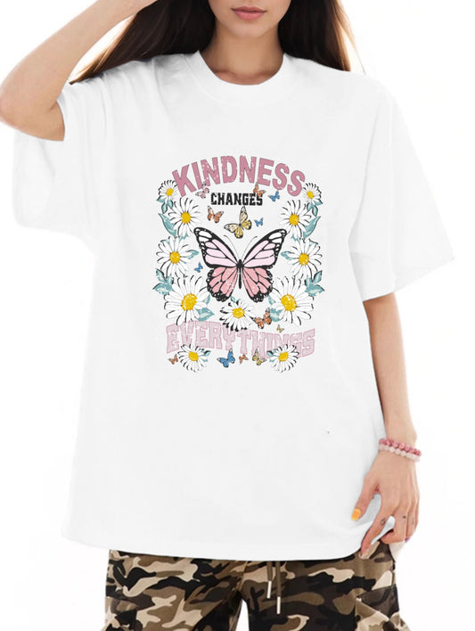 Women KINDNESS CHANGES EVERYTHINGS Butterfly and Flower Print Regular T-Shirt