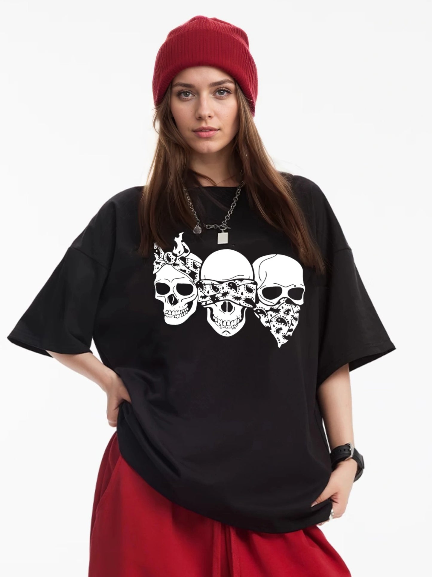 Women Three Skulls Printed Casual Short-Sleeved T-Shirt