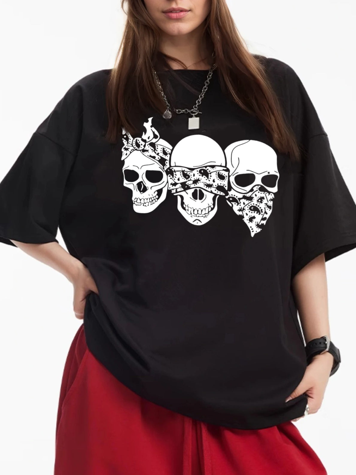 Women Three Skulls Printed Casual Short-Sleeved T-Shirt