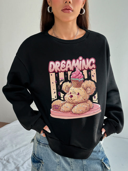 Women Bear Printed Oversized Sweatshirts Casual Pullovers