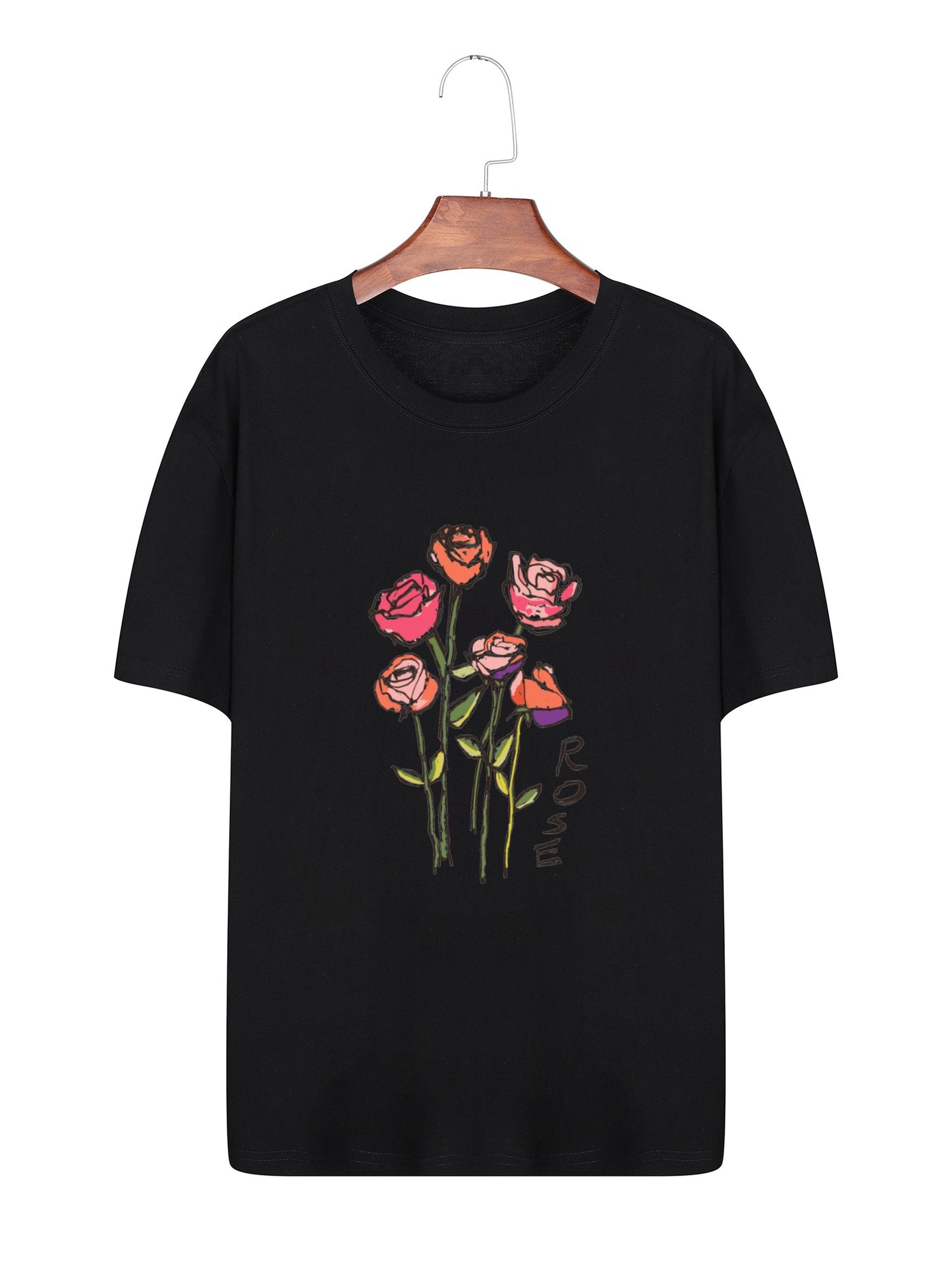 Women Rose Print Casual Regular T-Shirt