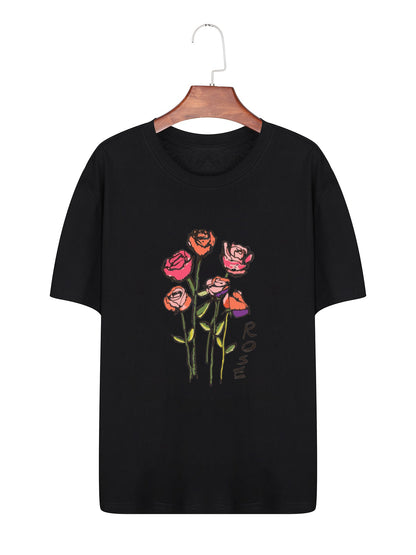 Women Rose Print Casual Regular T-Shirt