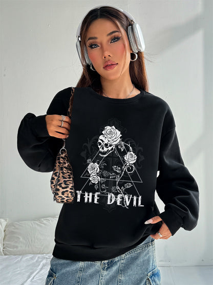 Women Skull and Floral The Devil Printed Oversized Sweatshirts Casual Pullovers