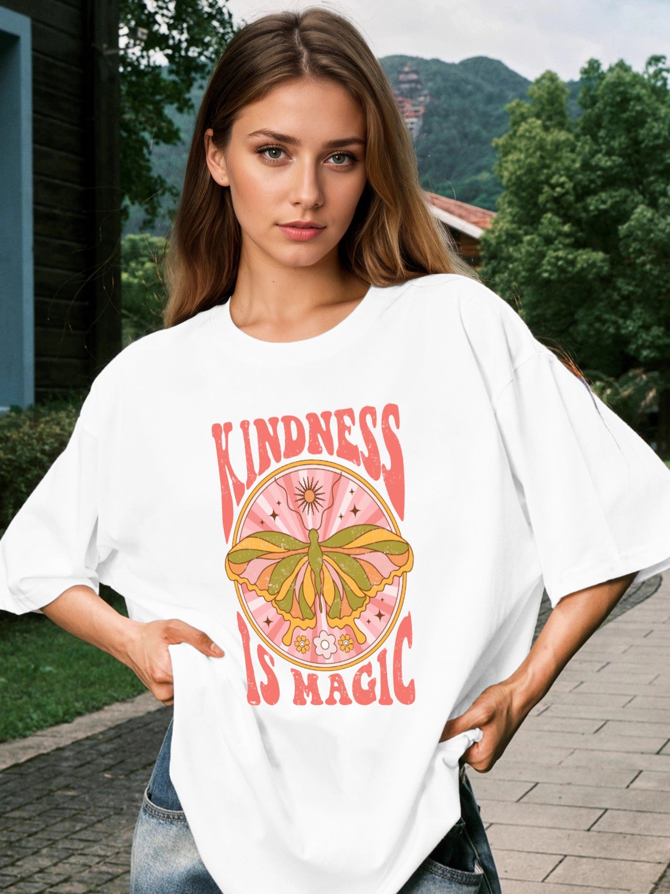 Women KINDNESS IS MAGIC Butterfly Print Casual T-Shirt