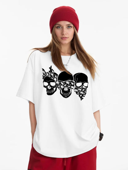 Women Three Skulls Printed Casual Short-Sleeved T-Shirt