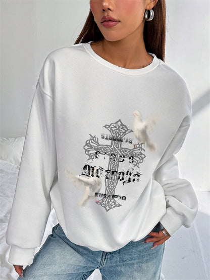 Women White Dove Cross Printed Crew Neck Pullover