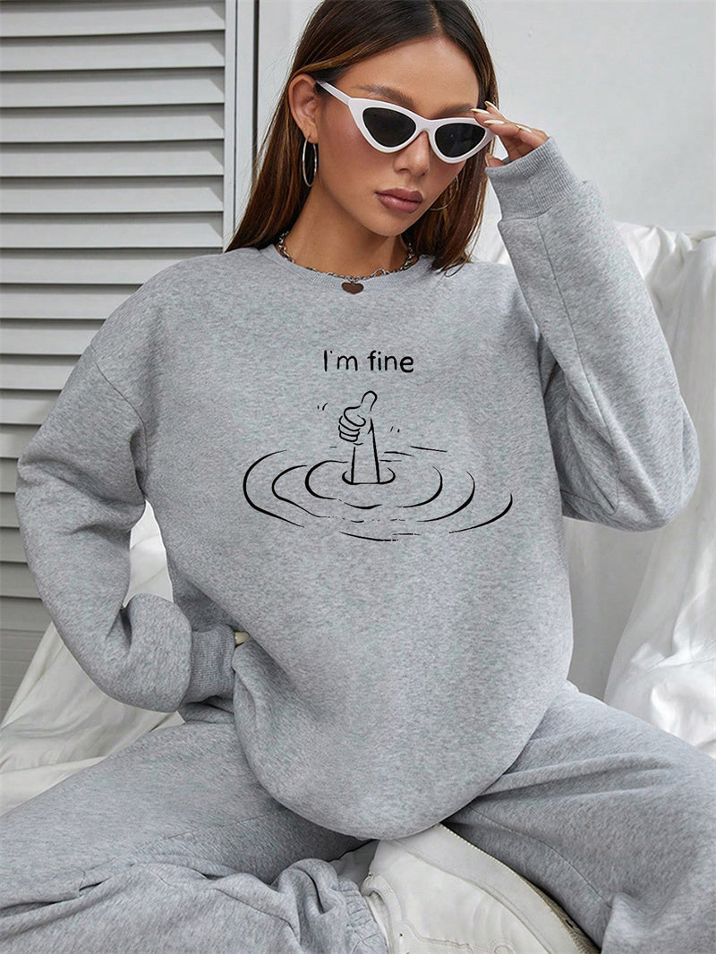 Women I'm Fine Printed Long Sleeve Crew Neck Casual Pullover