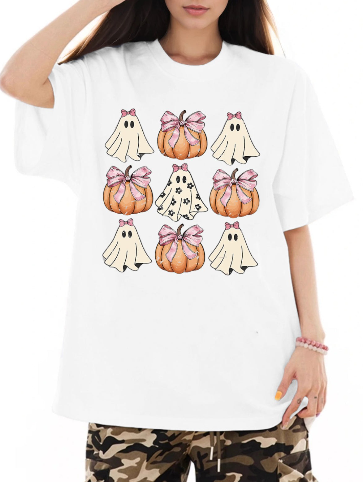 Women Cute Ghost and Pumpkin Print Casual T-Shirt