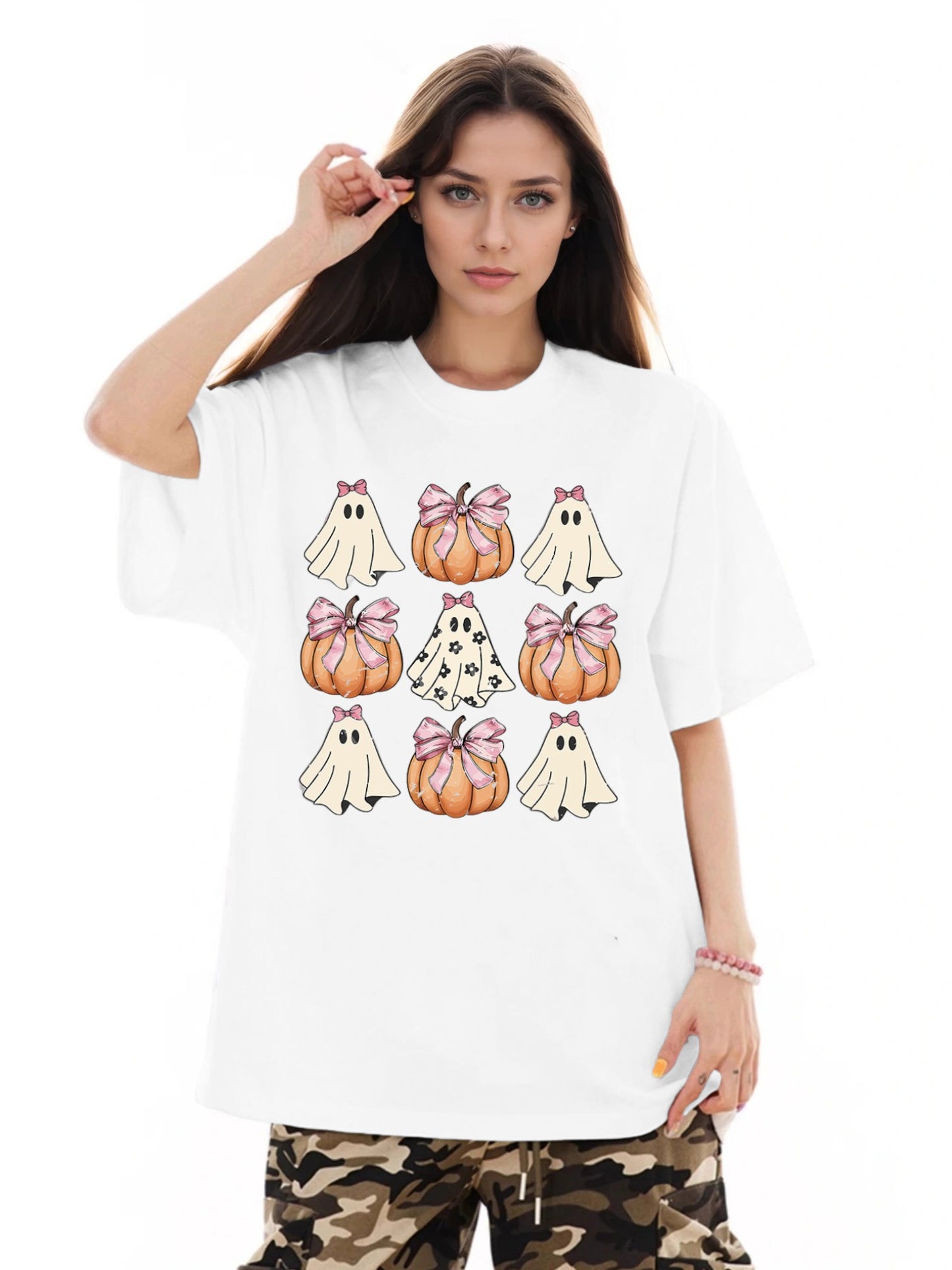 Women Cute Ghost and Pumpkin Print Casual T-Shirt