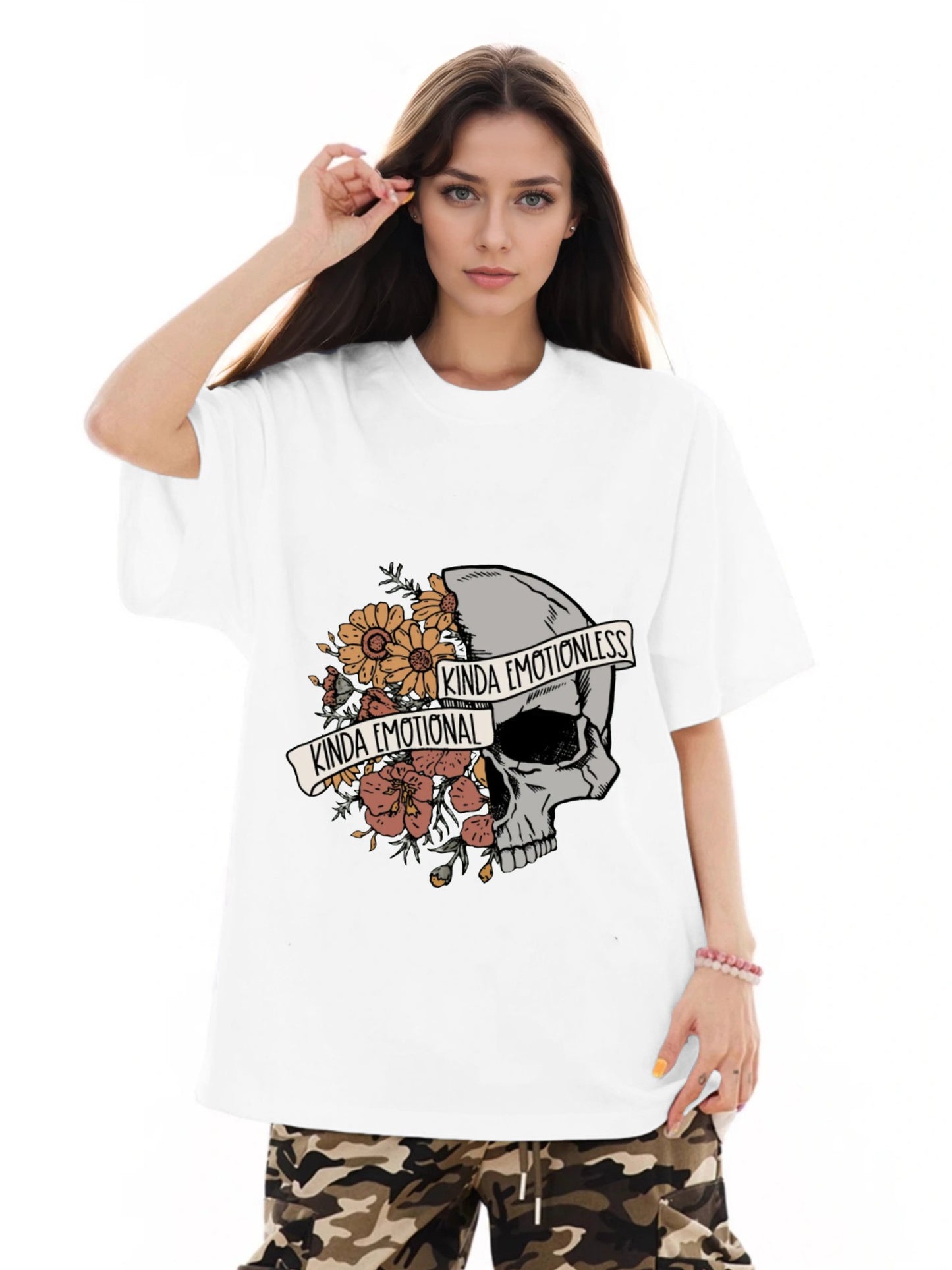 Women Half Skull Half Flower Printed Casual Short Sleeve T-Shirt