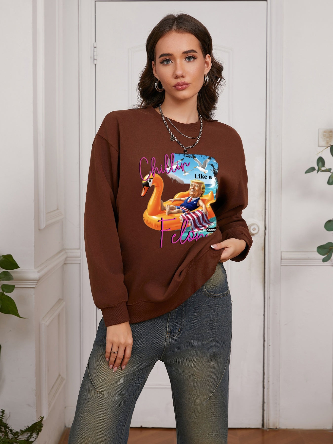 Women Duckling Swim Ring Printed Casual Sweatshirt