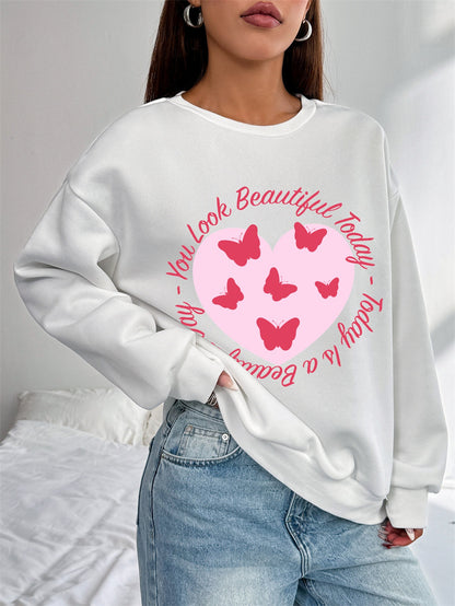 Women Heart Butterfly Print Casual Sweatshirt