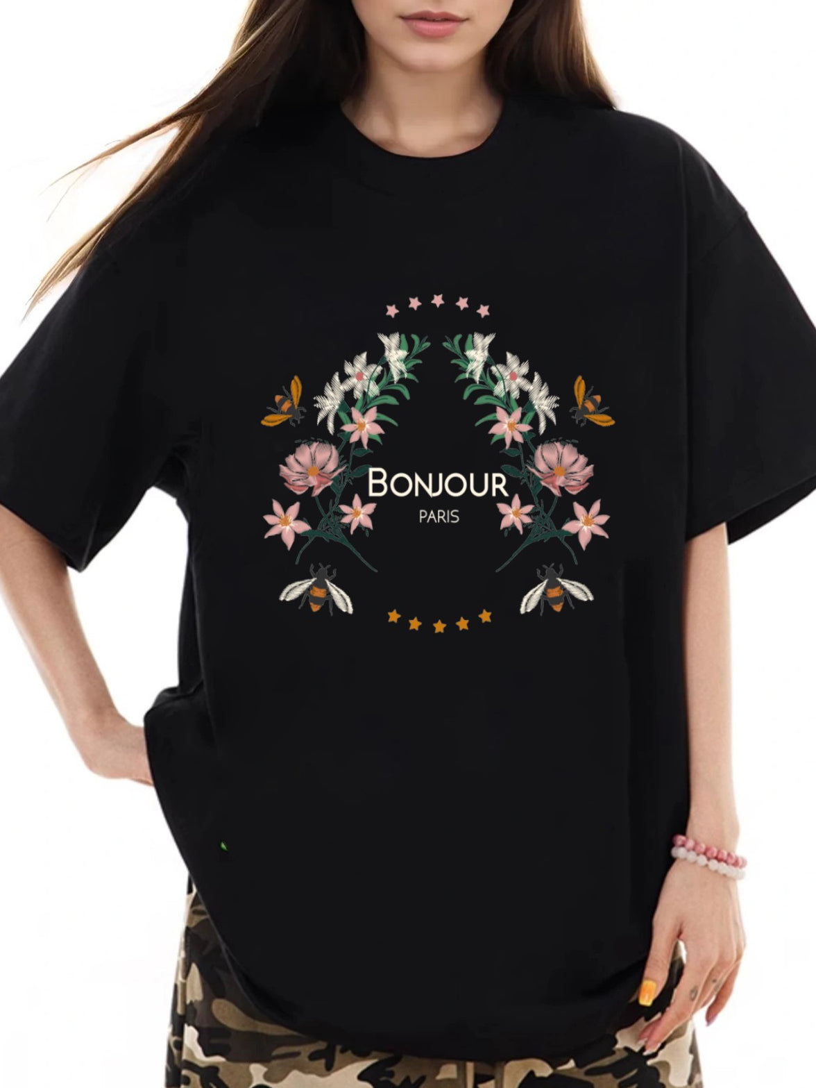 Women BOUJOUR and Flower Print Casual T-Shirt