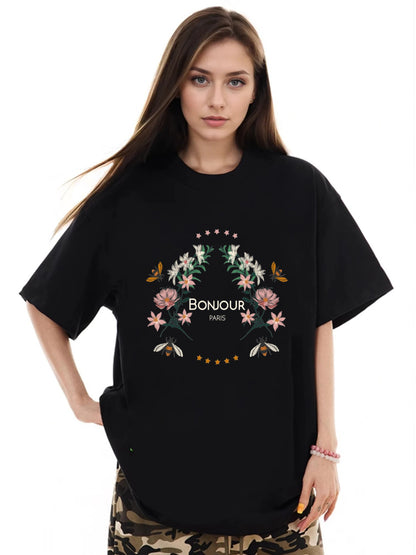 Women BOUJOUR and Flower Print Casual T-Shirt