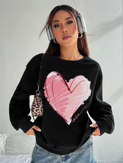 Women Pink Heart Printed Casual Sweatshirt