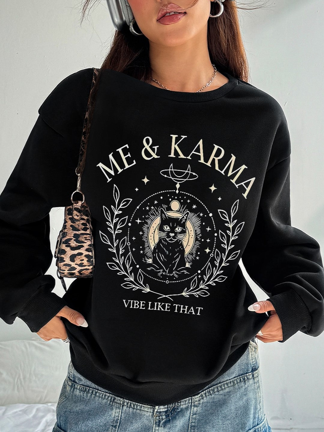 Women Me & Karma Cat Printed Polyester Casual Pullover