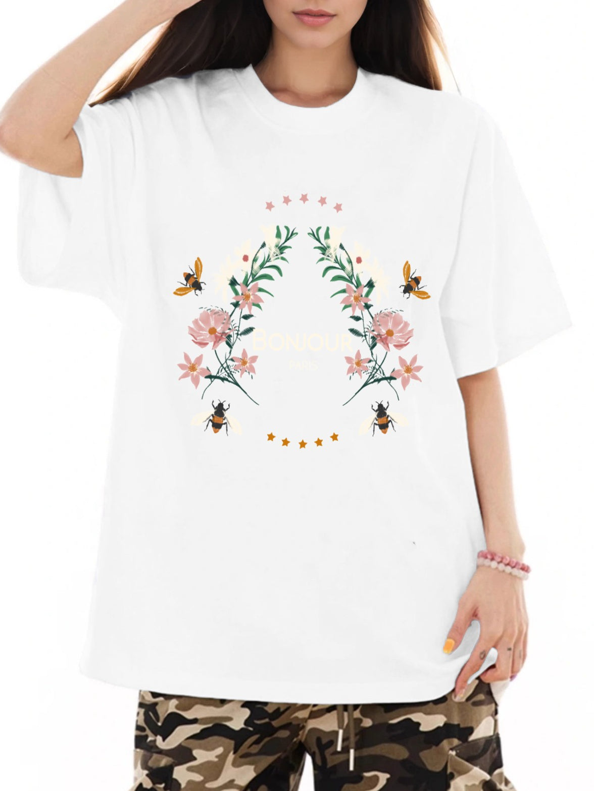 Women BOUJOUR and Flower Print Casual T-Shirt