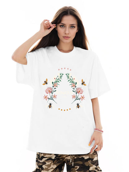 Women BOUJOUR and Flower Print Casual T-Shirt